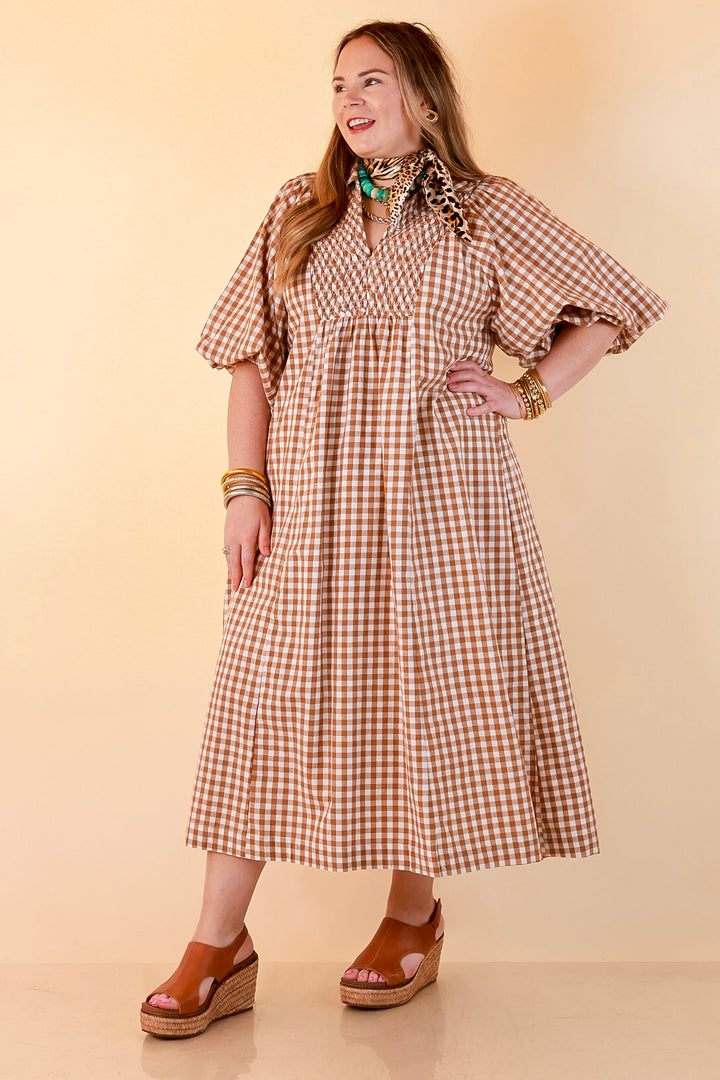 All Eyes on You Smocked Yoke Puff Sleeve Gingham Print Maxi Dress in Camel Brown and Ivory