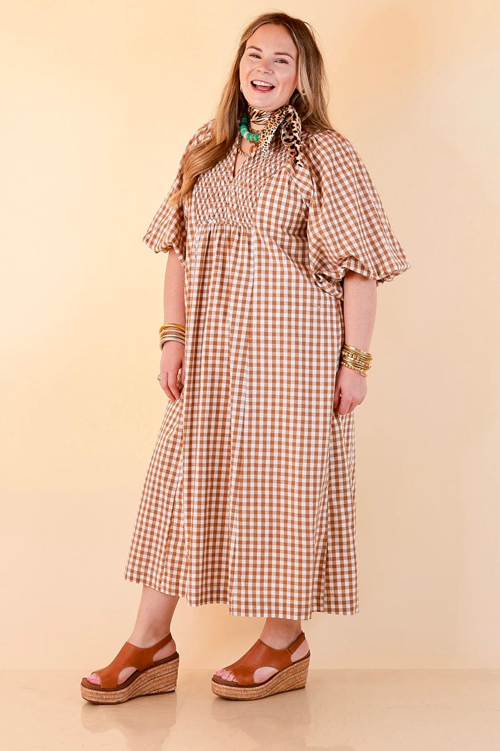 All Eyes on You Smocked Yoke Puff Sleeve Gingham Print Maxi Dress in Camel Brown and Ivory