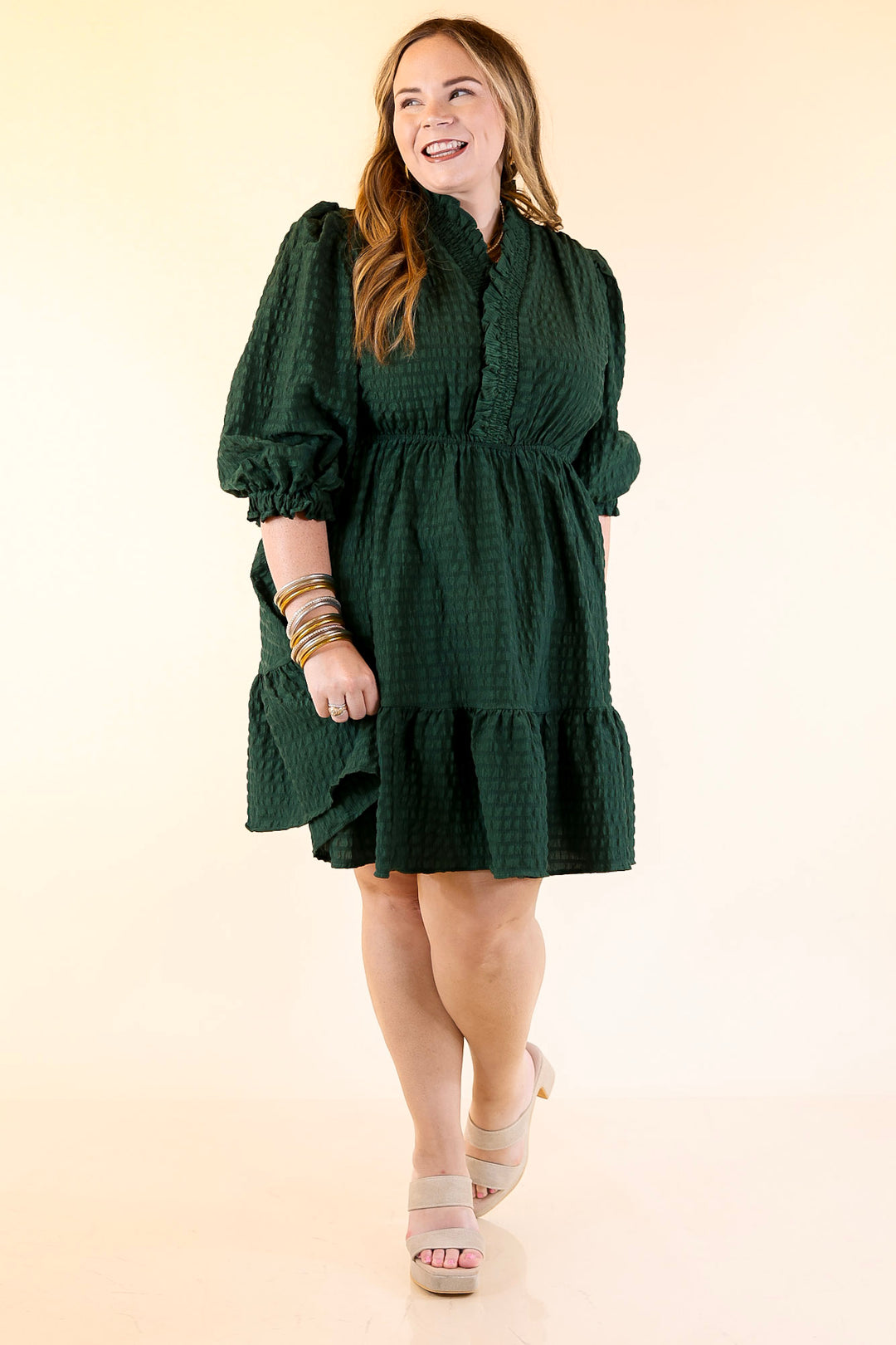 Call Me Captivating Dress with Smocked Waist and Long Sleeves Sleeves in Emerald Green