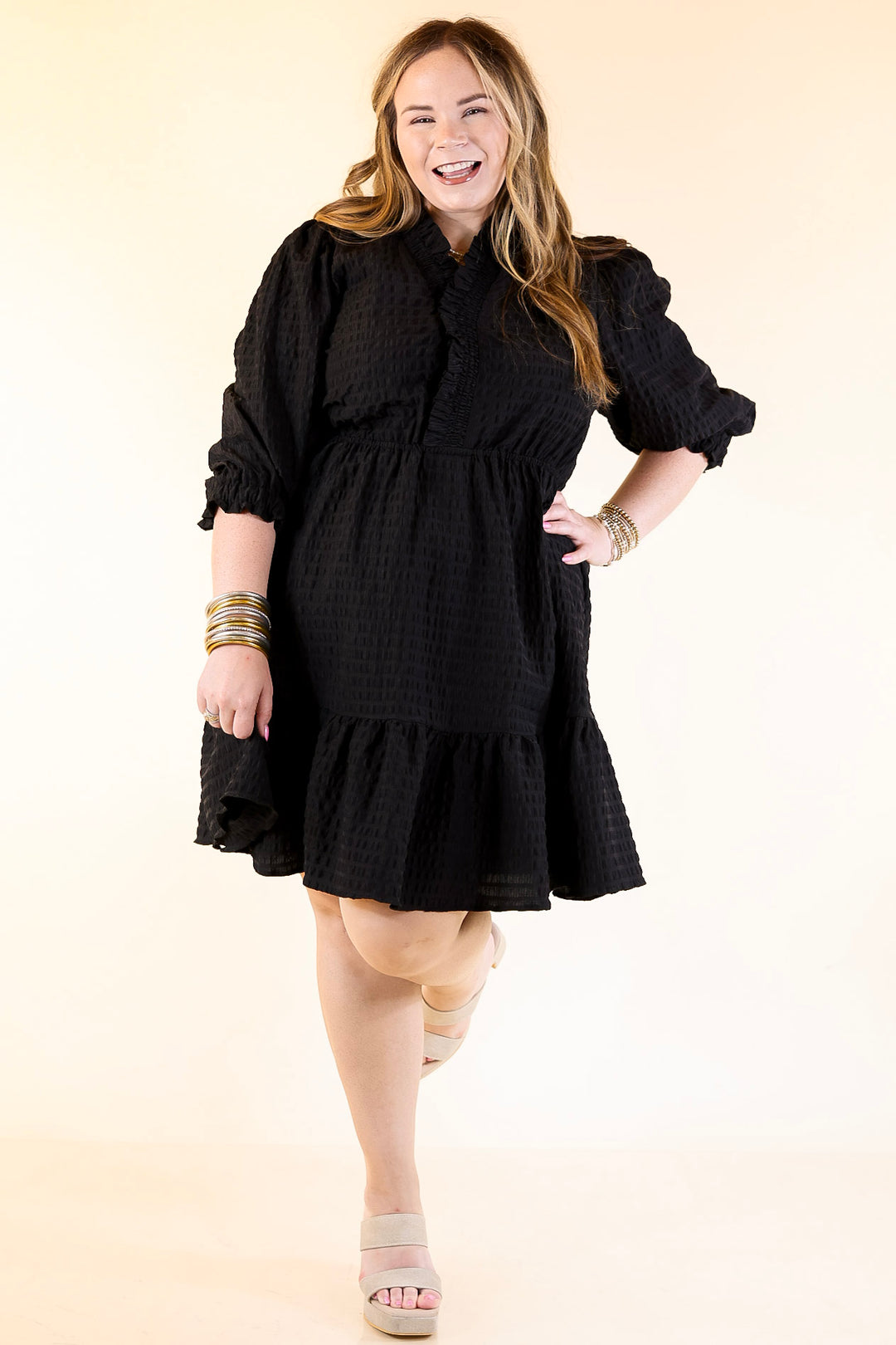 Call Me Captivating Dress with Smocked Waist and Long Sleeves Sleeves in Black