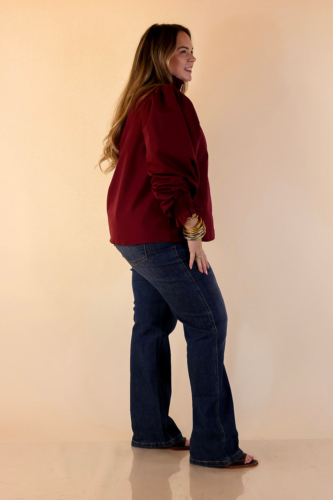 Trimmed in Style Puff Long Sleeve Blouse with Contrast Leopard Trim and Ruffle in Maroon