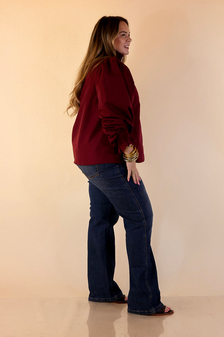 Trimmed in Style Puff Long Sleeve Blouse with Contrast Leopard Trim and Ruffle in Maroon