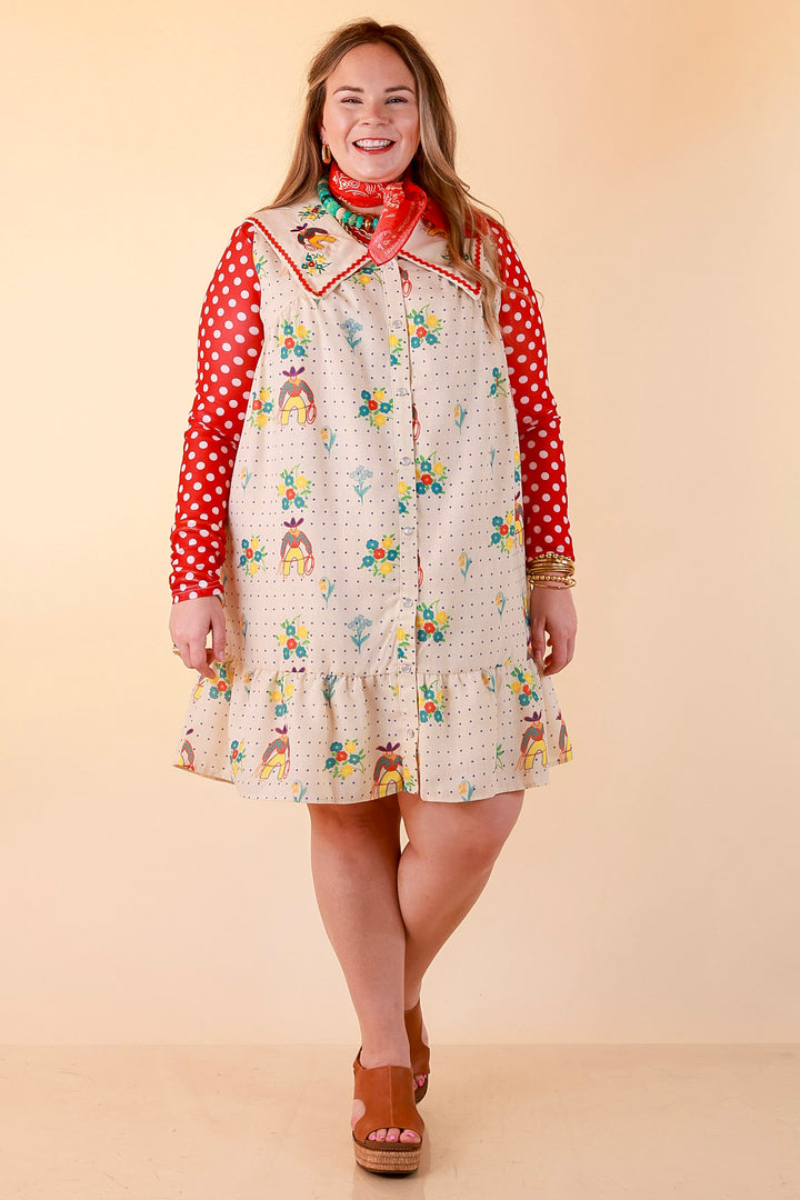 The Showstopper Sleeveless Pearl Snap Cowboy, Floral and Polka Dot Print Ruffle Dress with Sailor Collar and Cowboy Embroidery in Cream