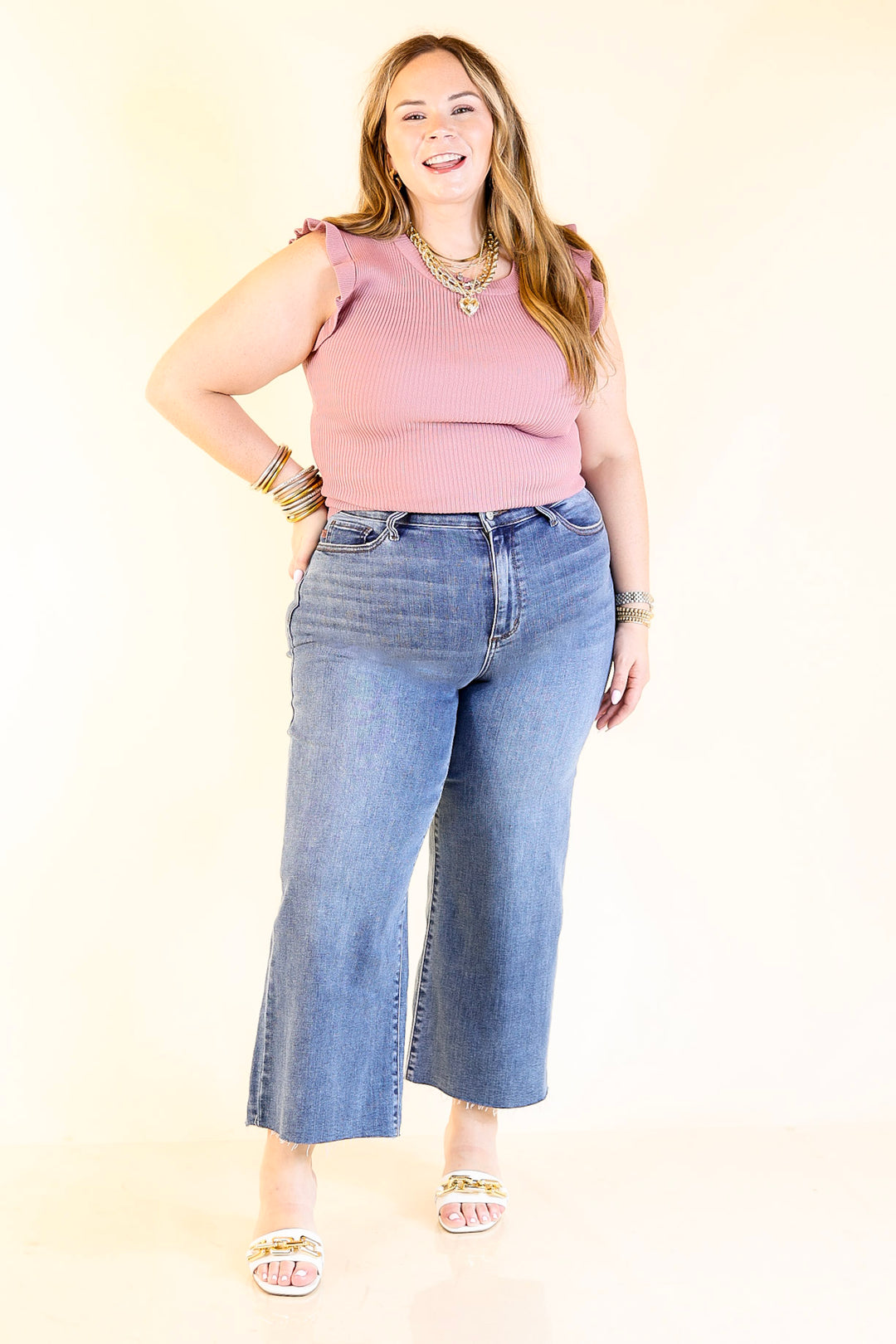 Flirty Frill Scoop Neck Top with Ruffle Sleeves in Mauve Pink