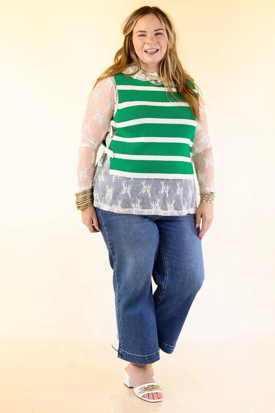 Tied Up in Style Knit Sweater with Side Ties in Kelly Green with Off White Stripes