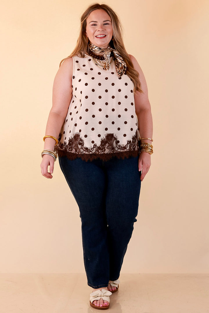 Pretty Little Something Polka Dot Sleeveless Tank Top with Lace Trim Detailing in Ivory