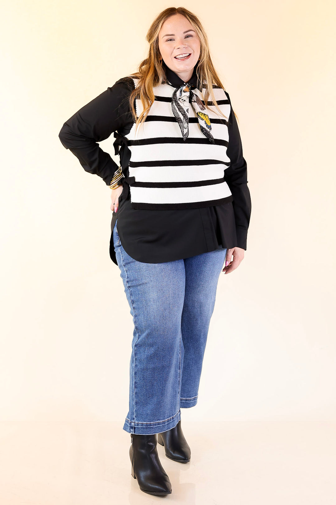 Tied Up in Style Knit Sweater with Side Ties in Off White with Black Stripes