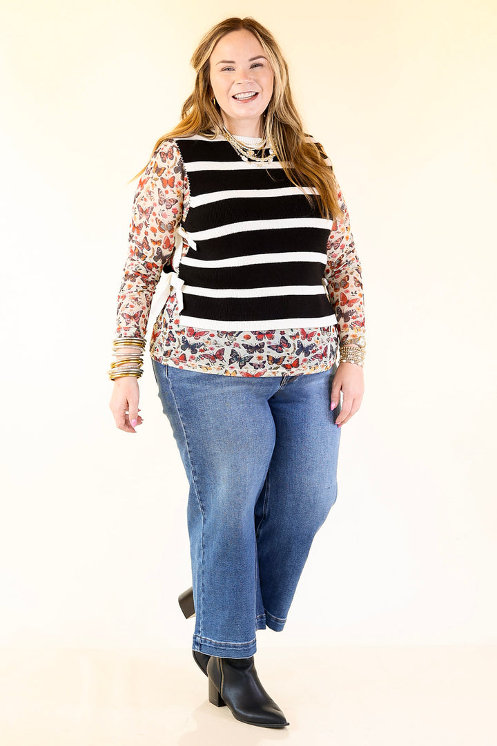 Tied Up in Style Knit Sweater with Side Ties in Black with Off White Stripes