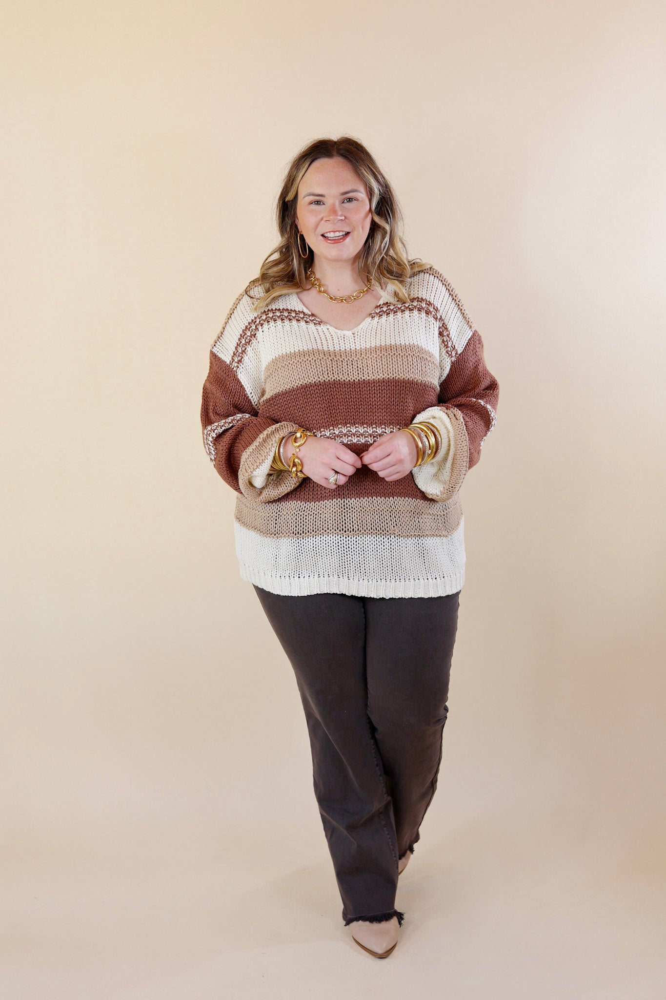 Cozy On Up Long Sleeve Striped Sweater in Brown Mix - Giddy Up Glamour Boutique