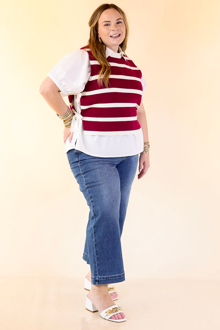 Tied Up in Style Knit Sweater with Side Ties in Maroon with Off White Stripes