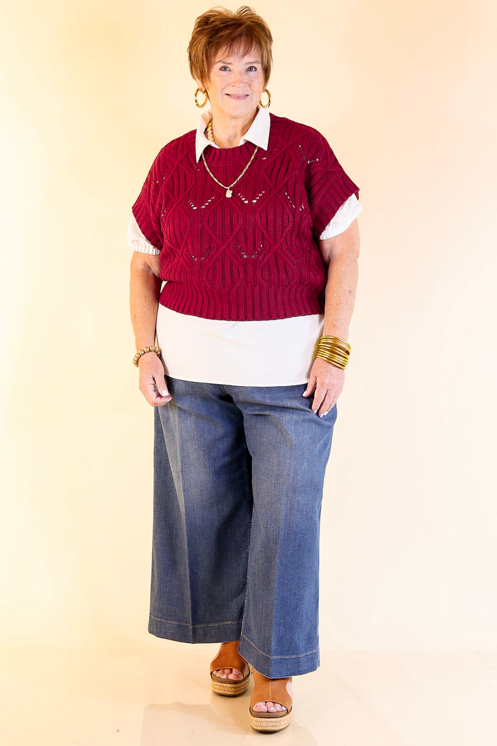 Knit to Last Cable Knit Short Sleeve Sweater Top in Maroon