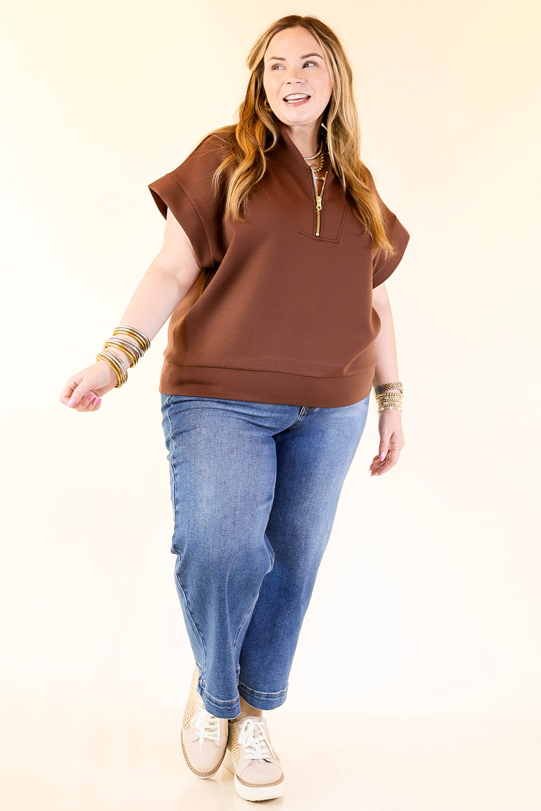 Top Priority Half Zip Collared Scuba Top in Chocolate Brown