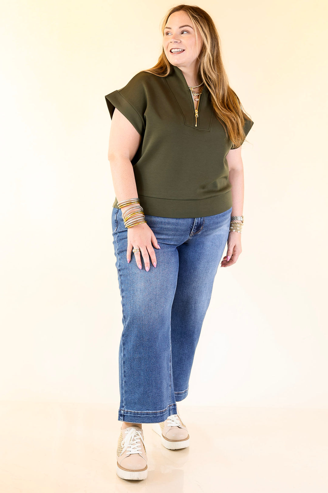 Top Priority Half Zip Collared Scuba Top in Olive Green