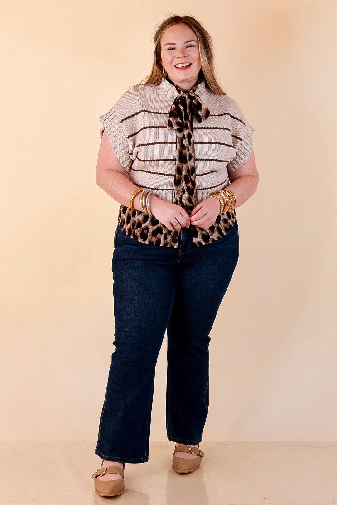 Sweet in Stripes Short Sleeve Striped Mock Neck Sweater in Sand Beige