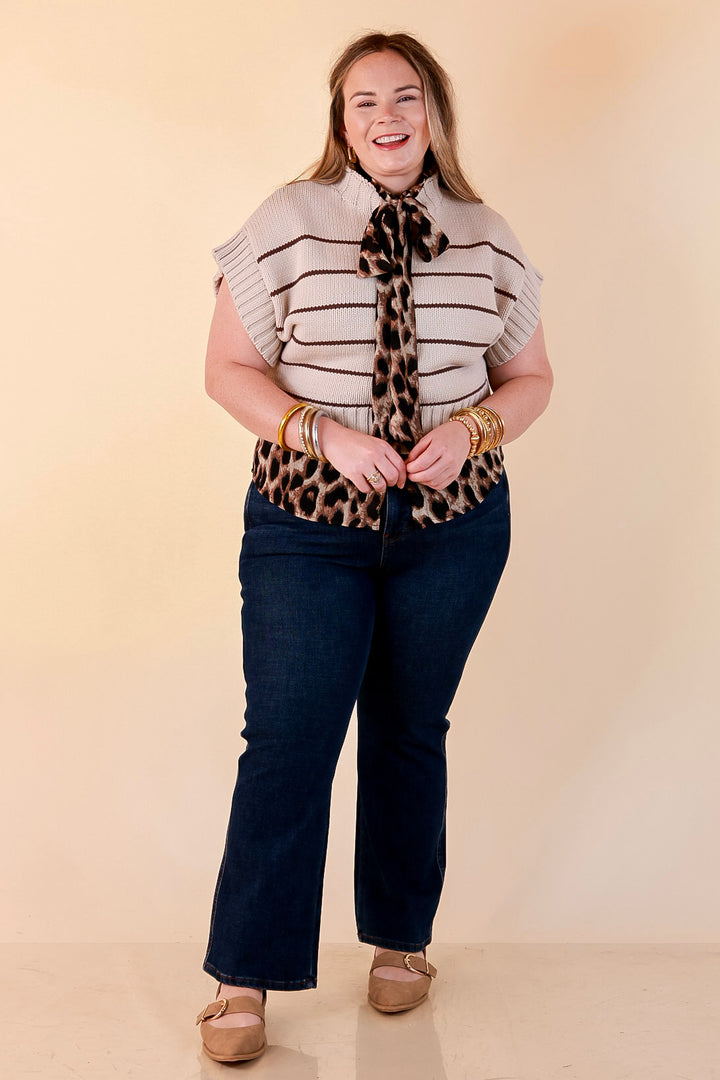 Sweet in Stripes Short Sleeve Striped Mock Neck Sweater in Sand Beige