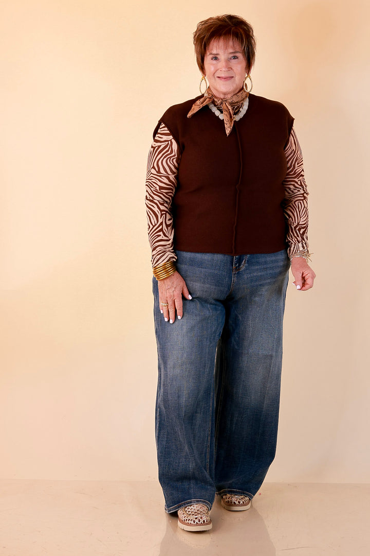 Always a Favorite Crew Neck Front Seam Sweater Knit Top in Chocolate Brown