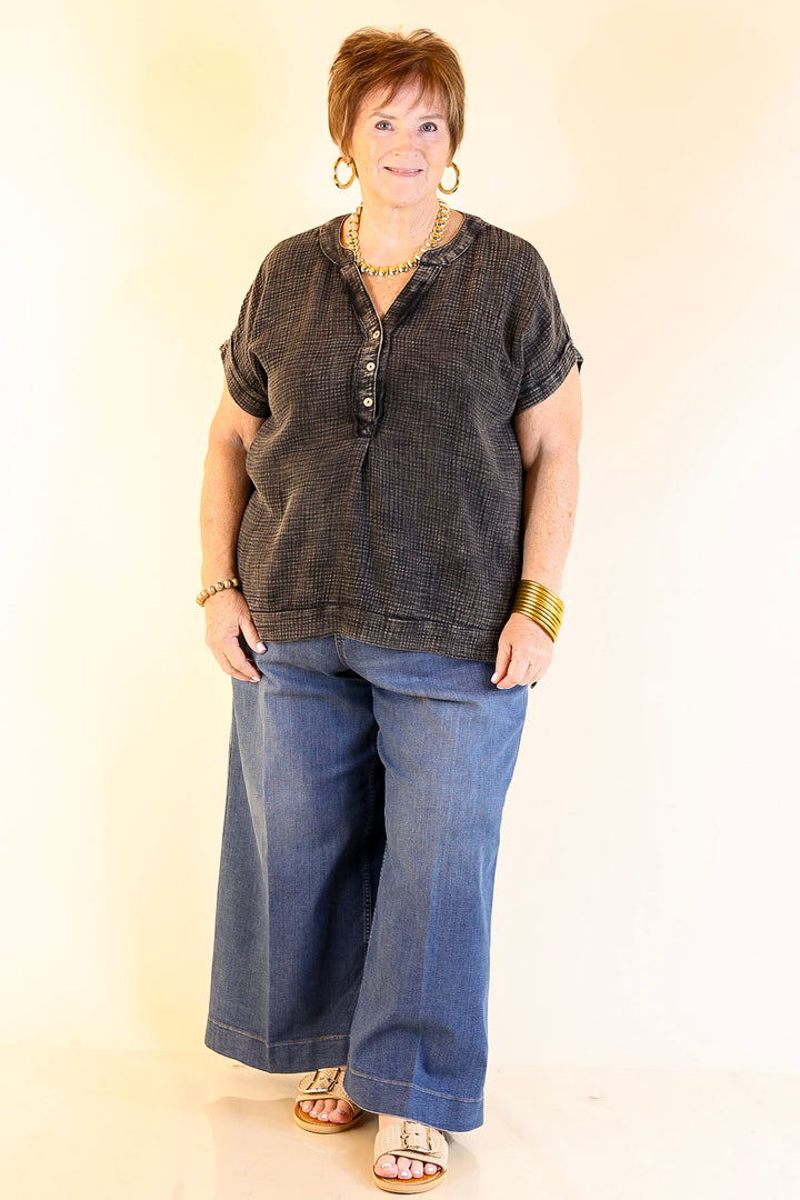 Simple Statement Quarter Button Up Short Drop Sleeve Shirt in Black