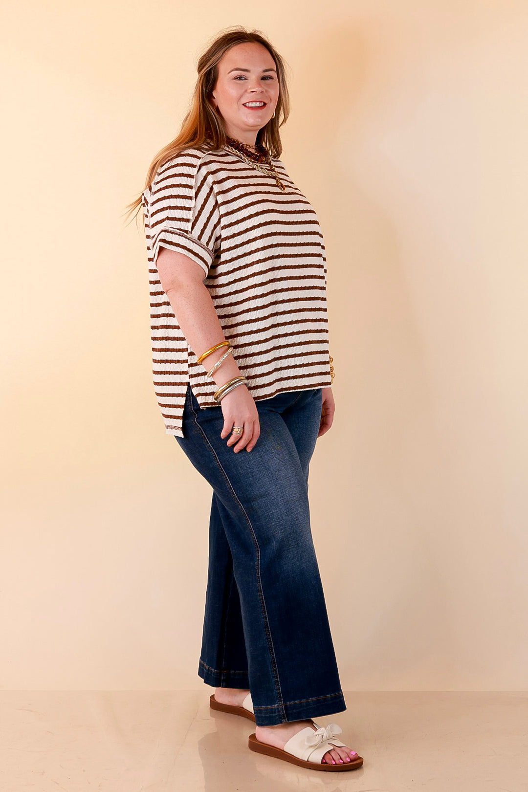 On The Daily Scoop Neck Short Sleeve Striped Textured Top in Chocolate Brown