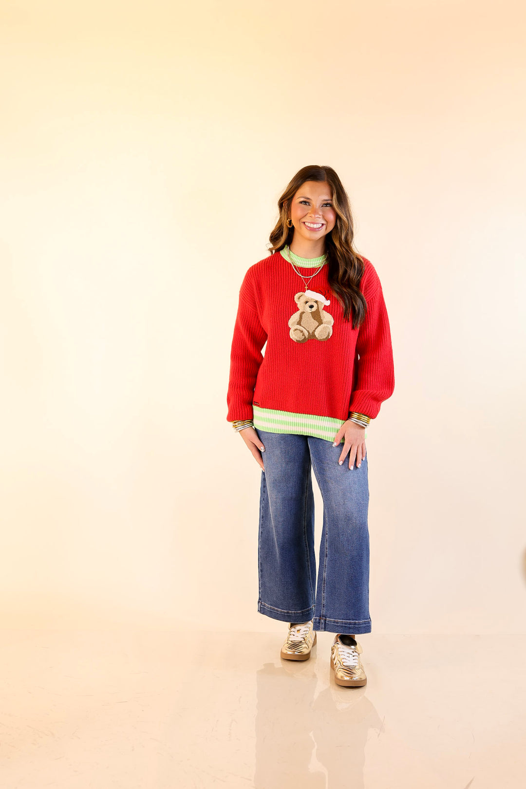 Simply Southern | Beary Merry Crewneck Sweater with Teddy Bear Graphic and Green Trim in Red
