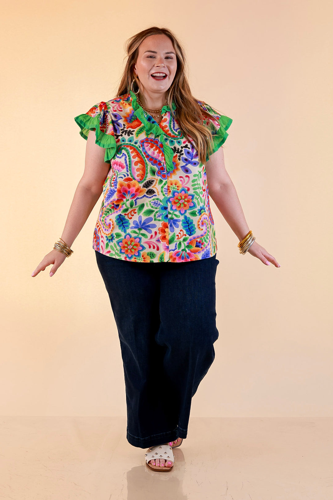 Flourish and Flow Paisley Floral Print Ruffle Flutter Sleeve Top with Split Neckline in Cream