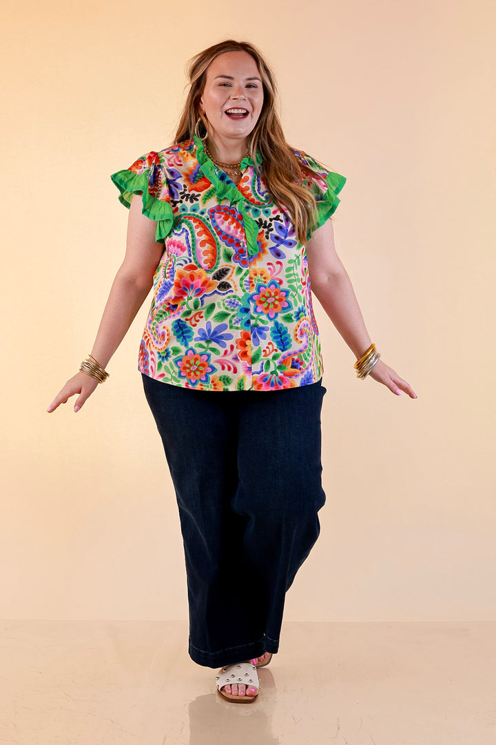 Flourish and Flow Paisley Floral Print Ruffle Flutter Sleeve Top with Split Neckline in Cream