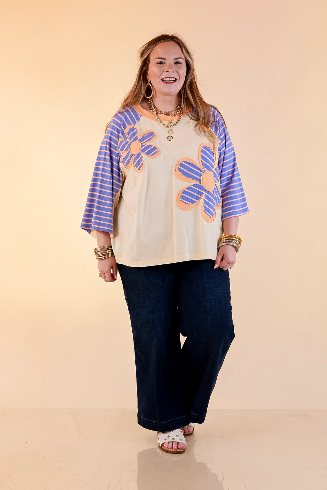 Bloom in Color Floral and Stripe Print Relaxed Short Sleeve Top with Contrast Sleeves in Cream
