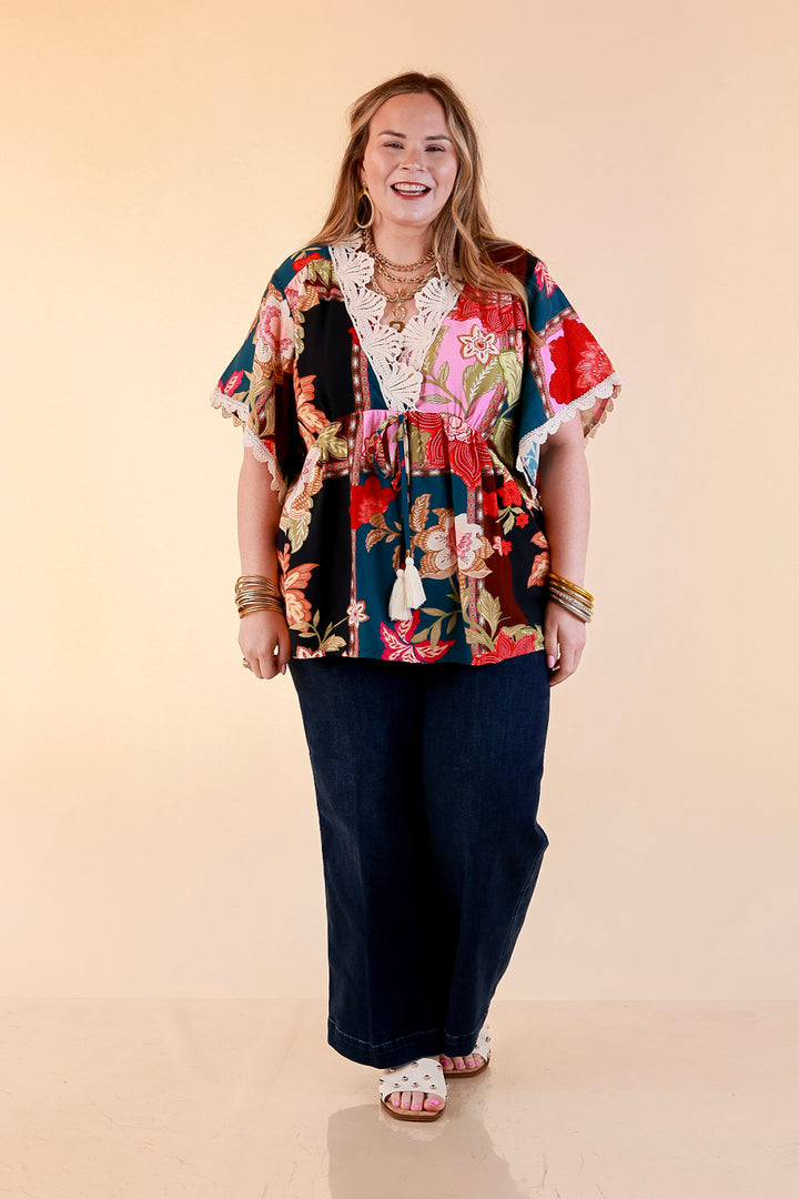 Patchwork Charm Floral Patchwork Print Print Lace Detail Short Sleeve Top in Pink Mix