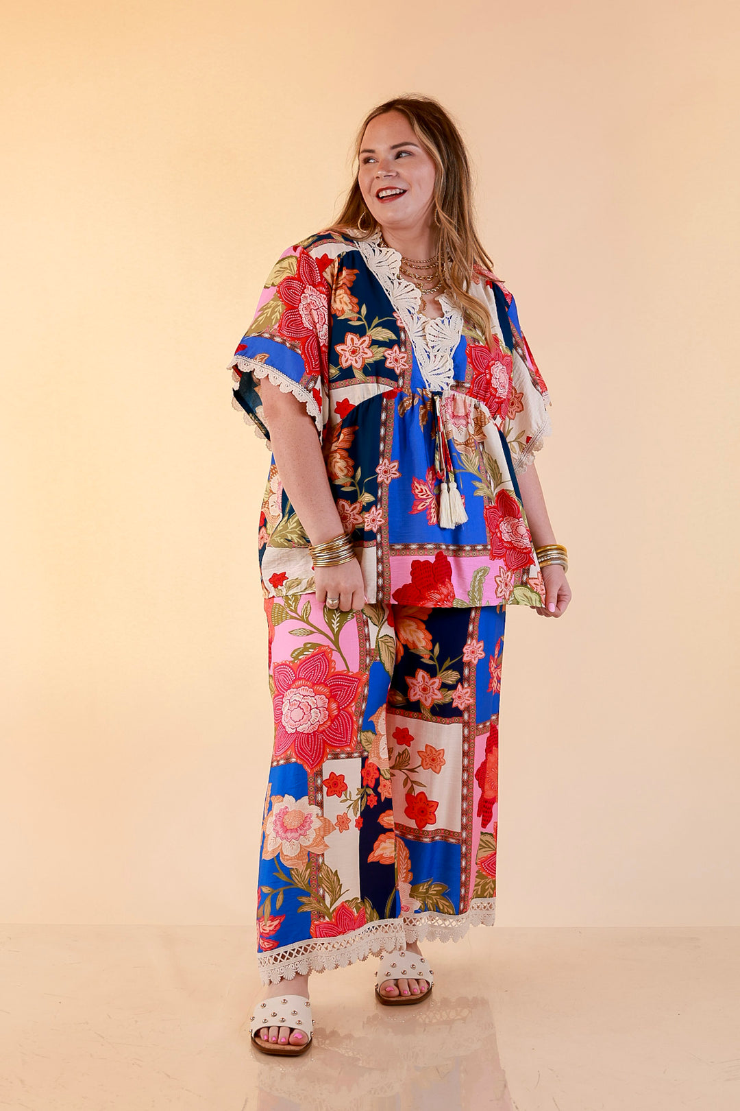 Patchwork Flair Floral Patchwork Print Wide Leg Pants with Lace Trim in Blue Mix