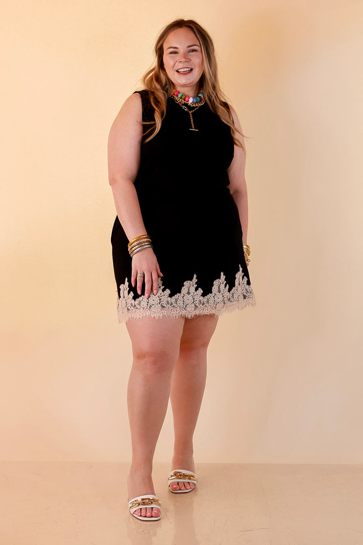 Just a Little Something Sleeveless Knit Mini Dress with Lace Trim in Black