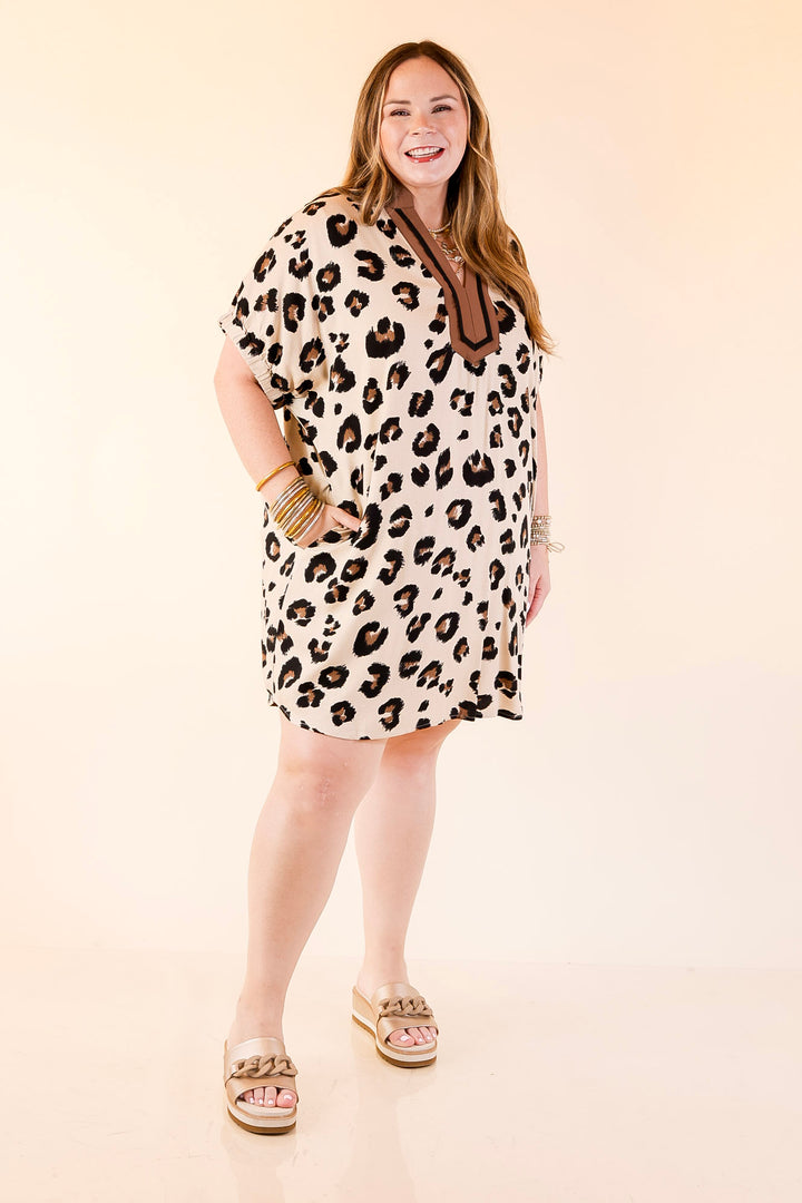 Naturally Stylish Leopard Print Poncho Dress in Cream, Black and Brown