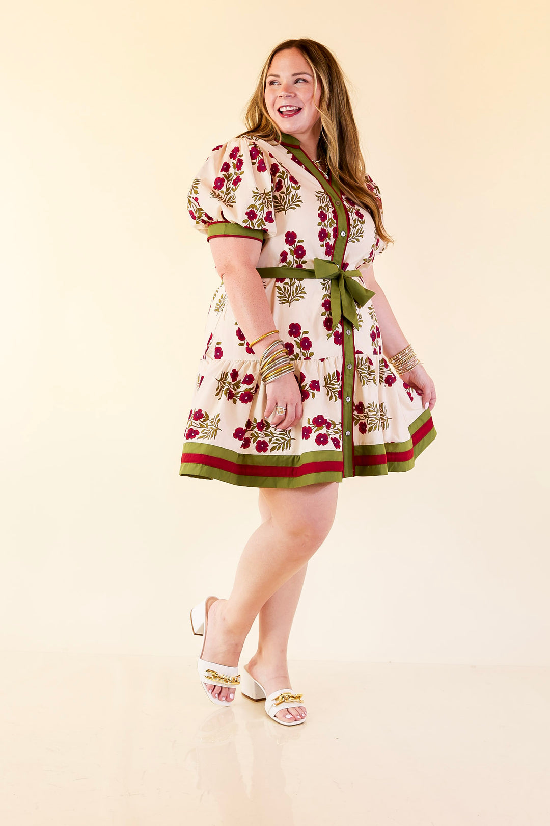 Garden Party Floral Dress with Dropped Skirt and Olive and Maroon Trim in Cream