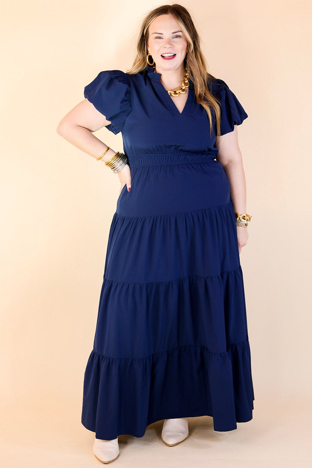 Table for Two Tiered Maxi Dress with Puff Sleeves in Navy Blue