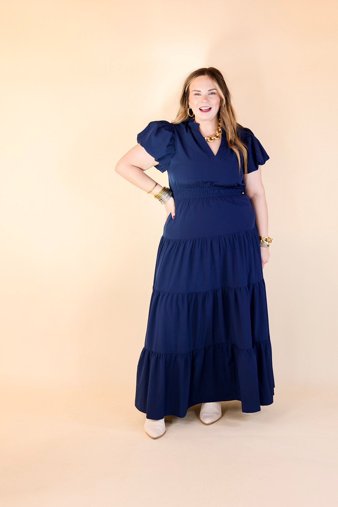 Table for Two Tiered Maxi Dress with Puff Sleeves in Navy Blue