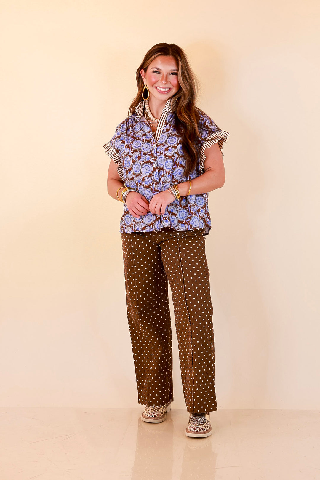 Effortless Grace Floral Print Flutter Stripe Sleeve and Ruffle Collar Detailing Blouse in Brown and Periwinkle Blue