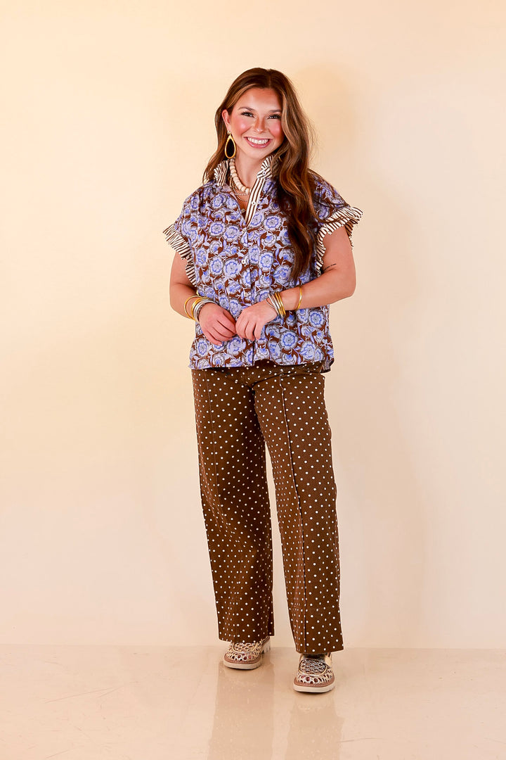 Effortless Grace Floral Print Flutter Stripe Sleeve and Ruffle Collar Detailing Blouse in Brown and Periwinkle Blue
