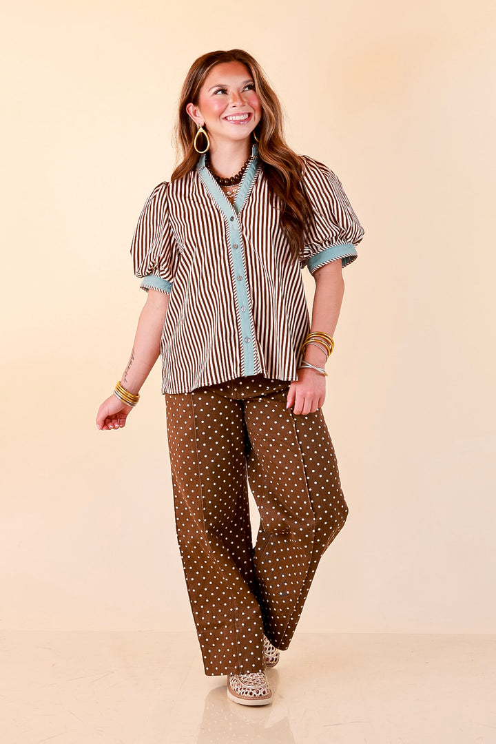 Pop of Polish Short Puff Sleeve Button Front Top with Contrast Trim in White, Chocolate Brown and Blue