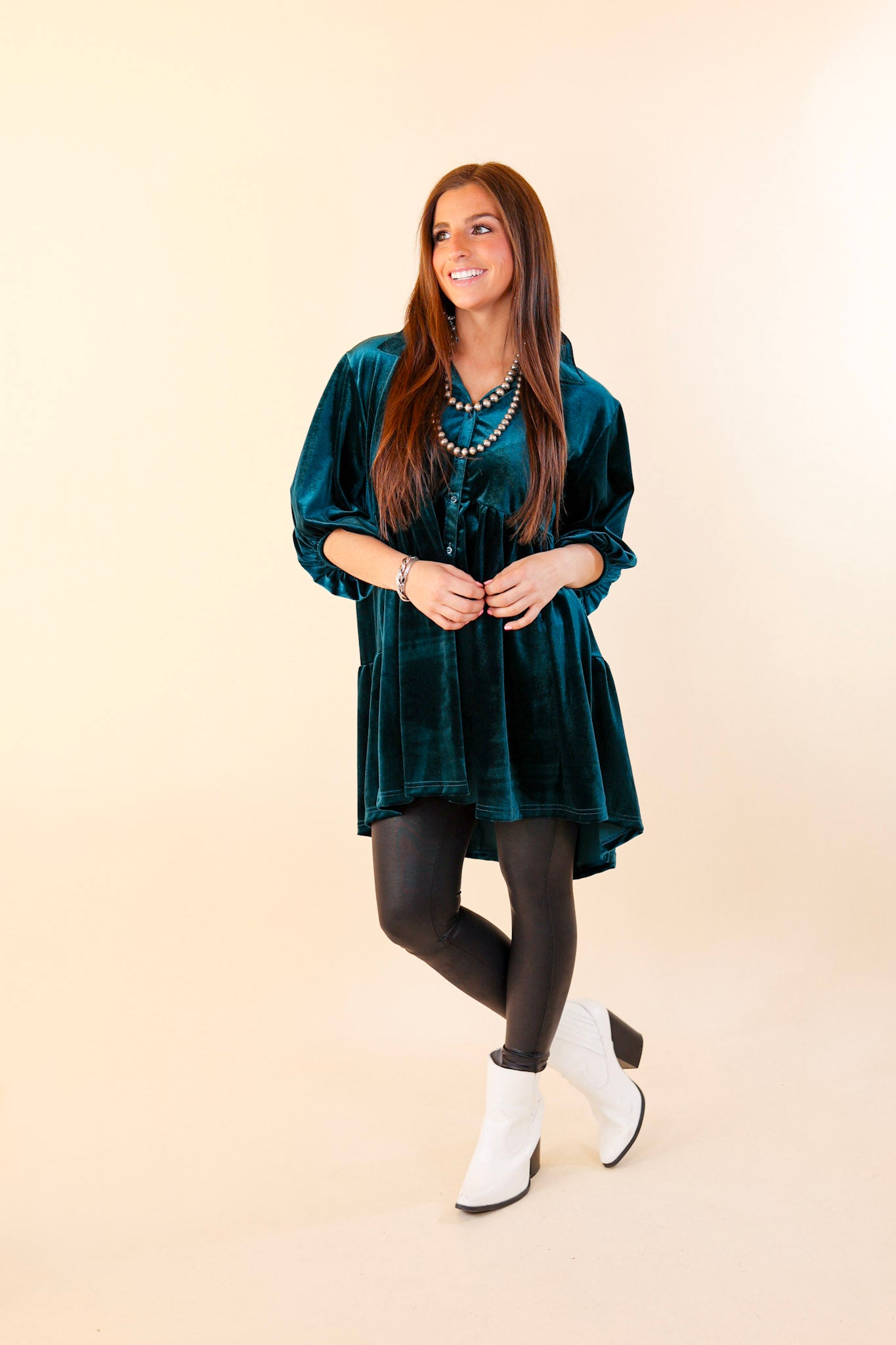 Love Link Button Up Velvet Half Sleeve Babydoll Tunic Top in Teal Blue - Giddy Up Glamour Boutique