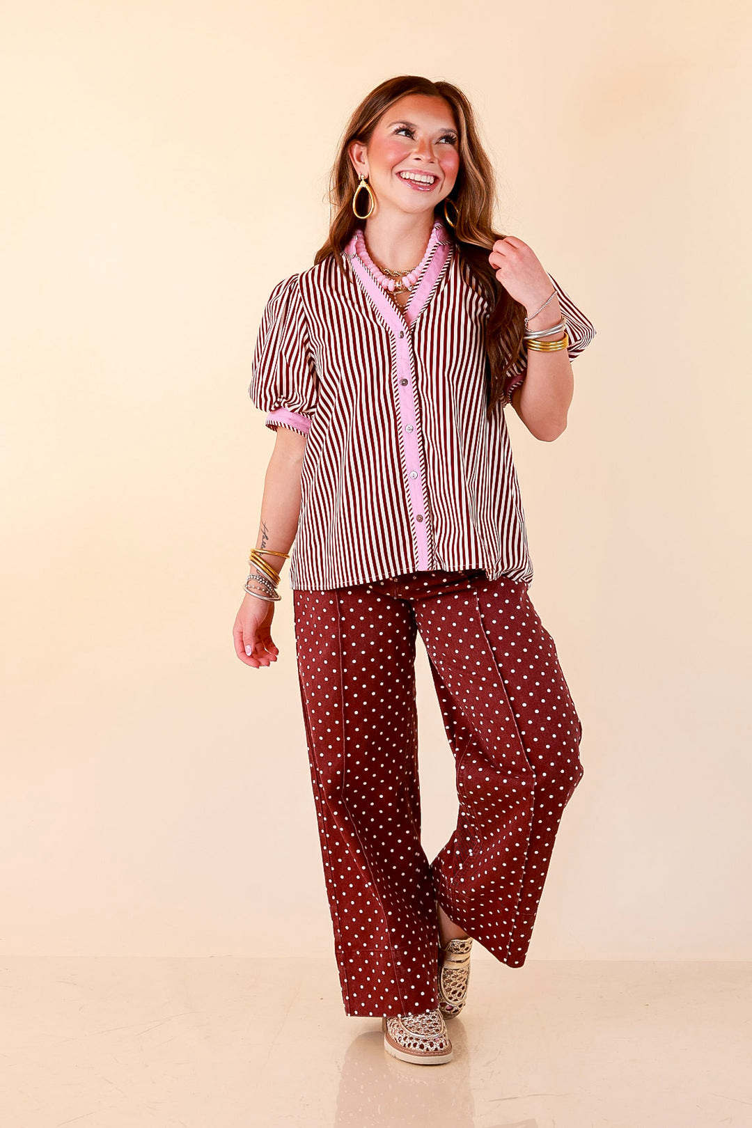 Pop of Polish Short Puff Sleeve Button Front Top with Contrast Trim in White, Maroon, and Pink