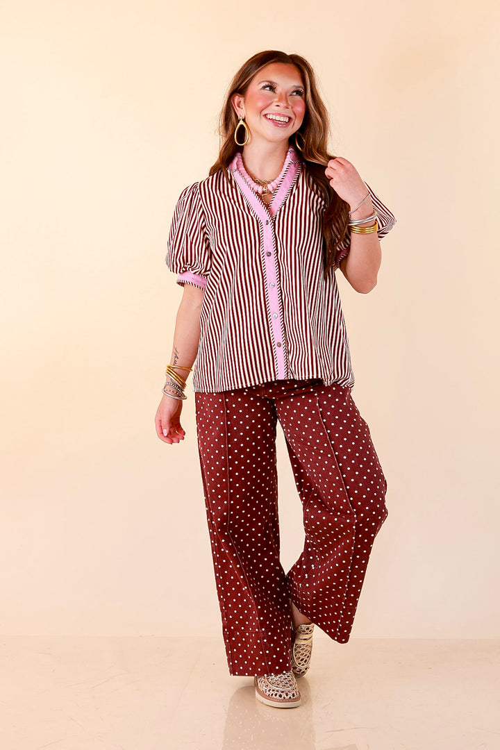 Pop of Polish Short Puff Sleeve Button Front Top with Contrast Trim in White, Maroon, and Pink
