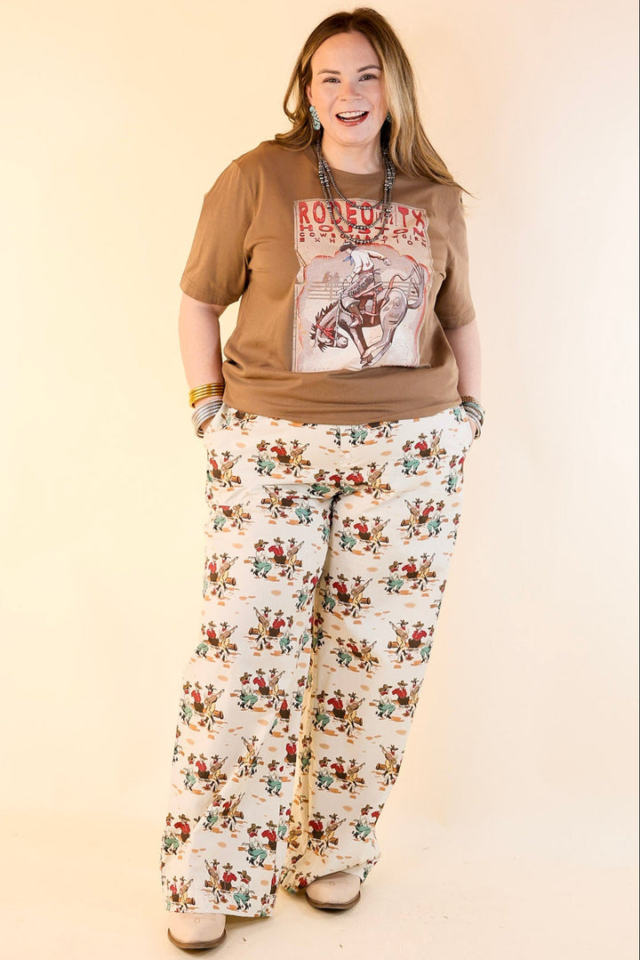 Newest Trend Cowboy Print Cotton Pants with Elastic Waistband in Ivory