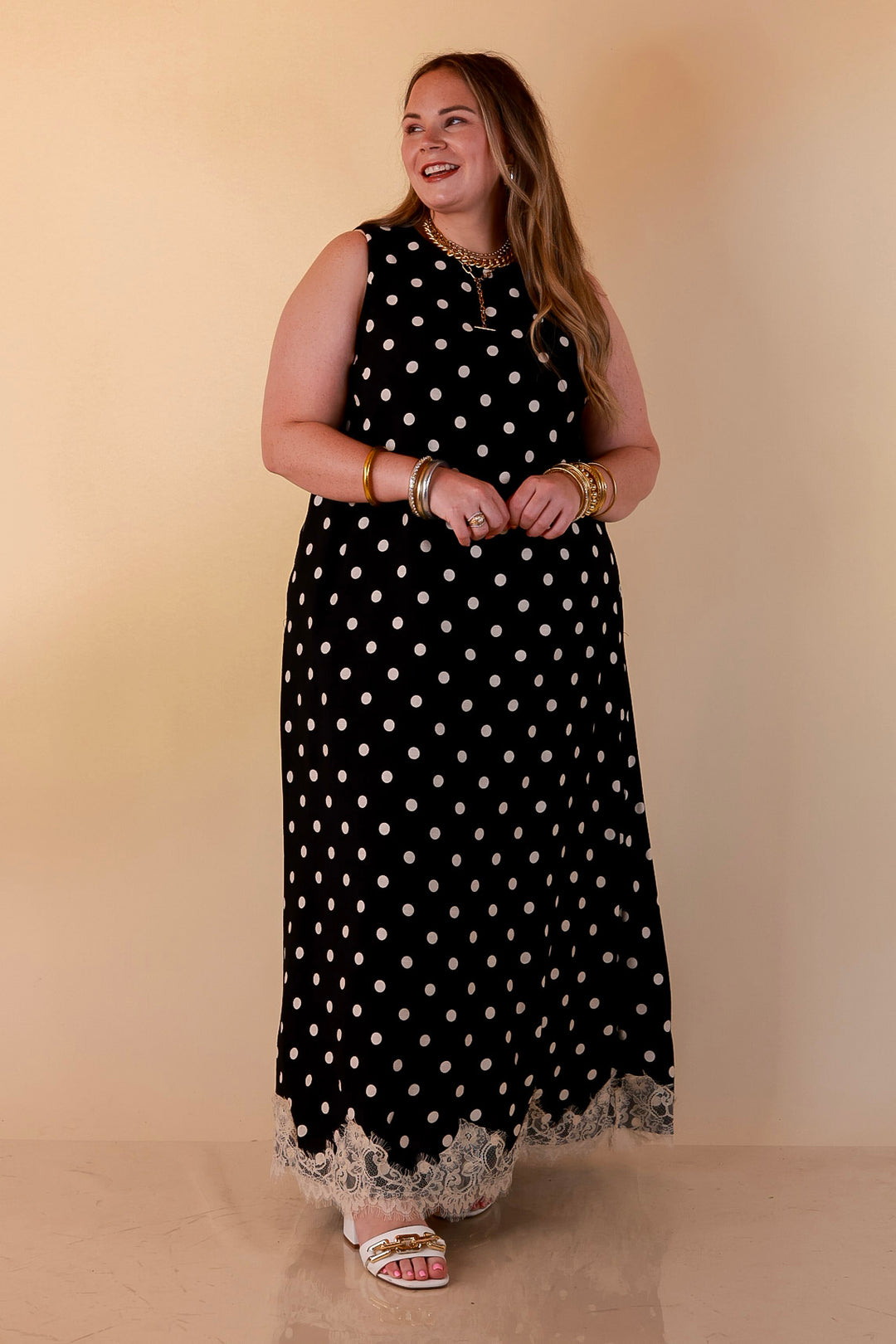 Sweet Little Something Polka Dot Sleeveless Maxi Dress with Lace Trim in Black