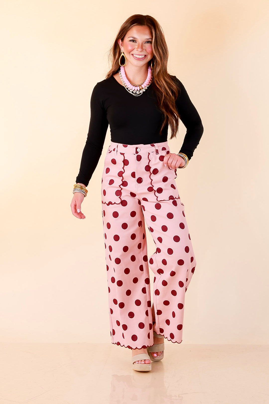 Polished Play Polka Dot Print Wide Leg Denim Pants with Scallop Detailing in Blush Pink and Maroon