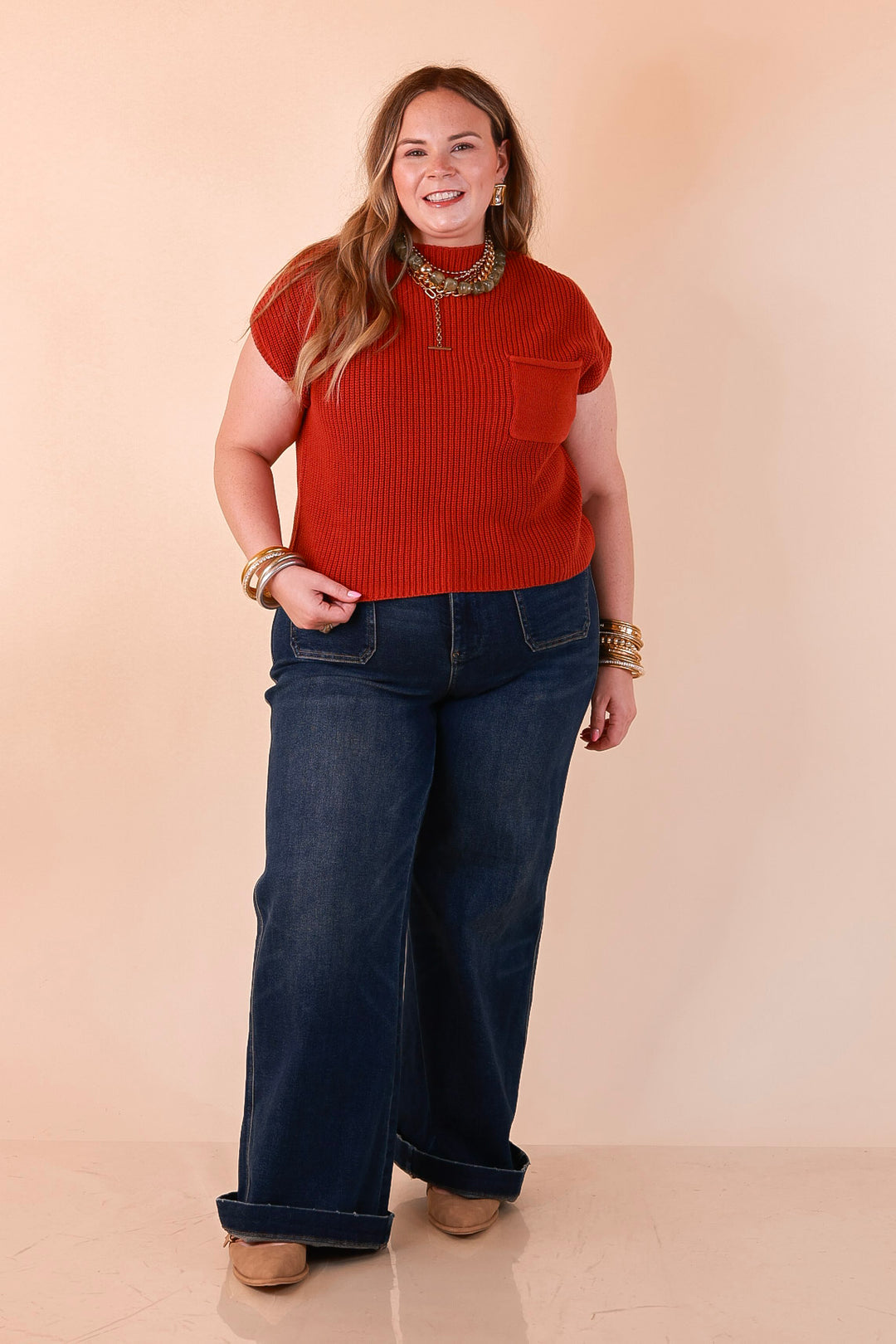 Repeat Worthy Cap Sleeve Cropped Sweater with Front Pocket in Rust Orange