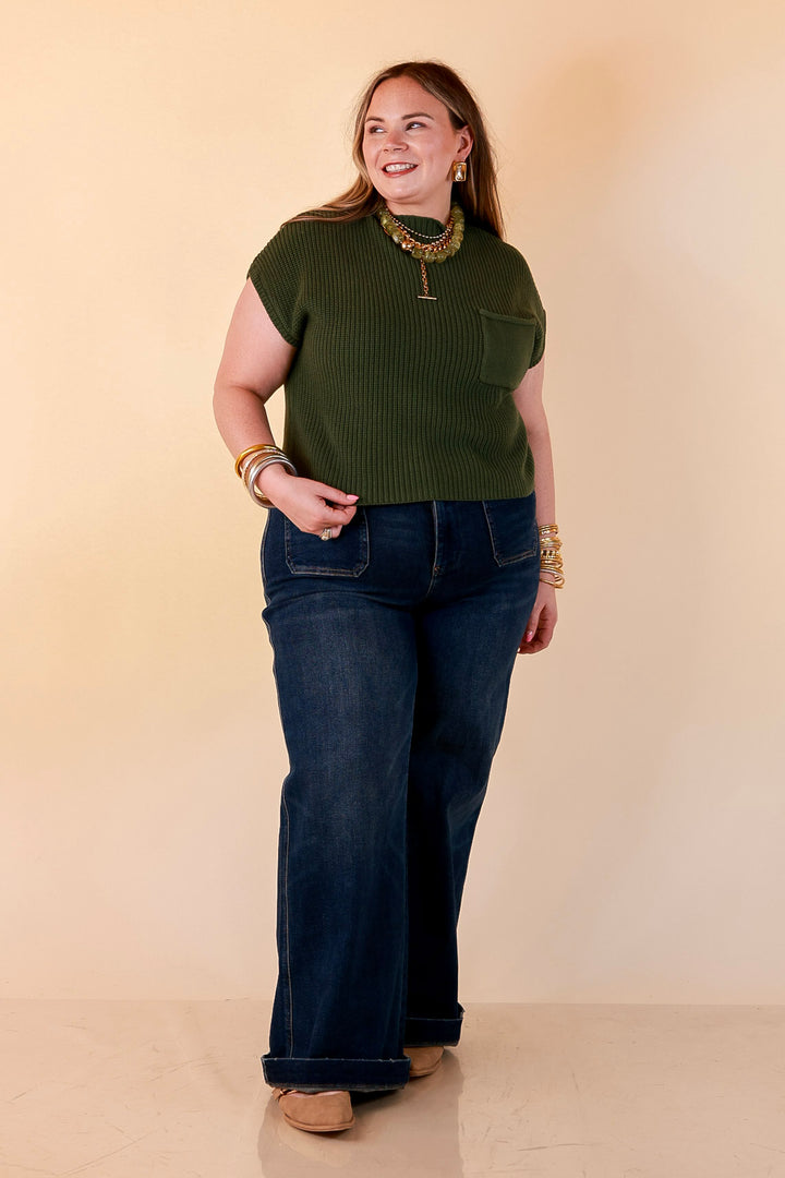 Repeat Worthy Cap Sleeve Cropped Sweater with Front Pocket in Olive Green