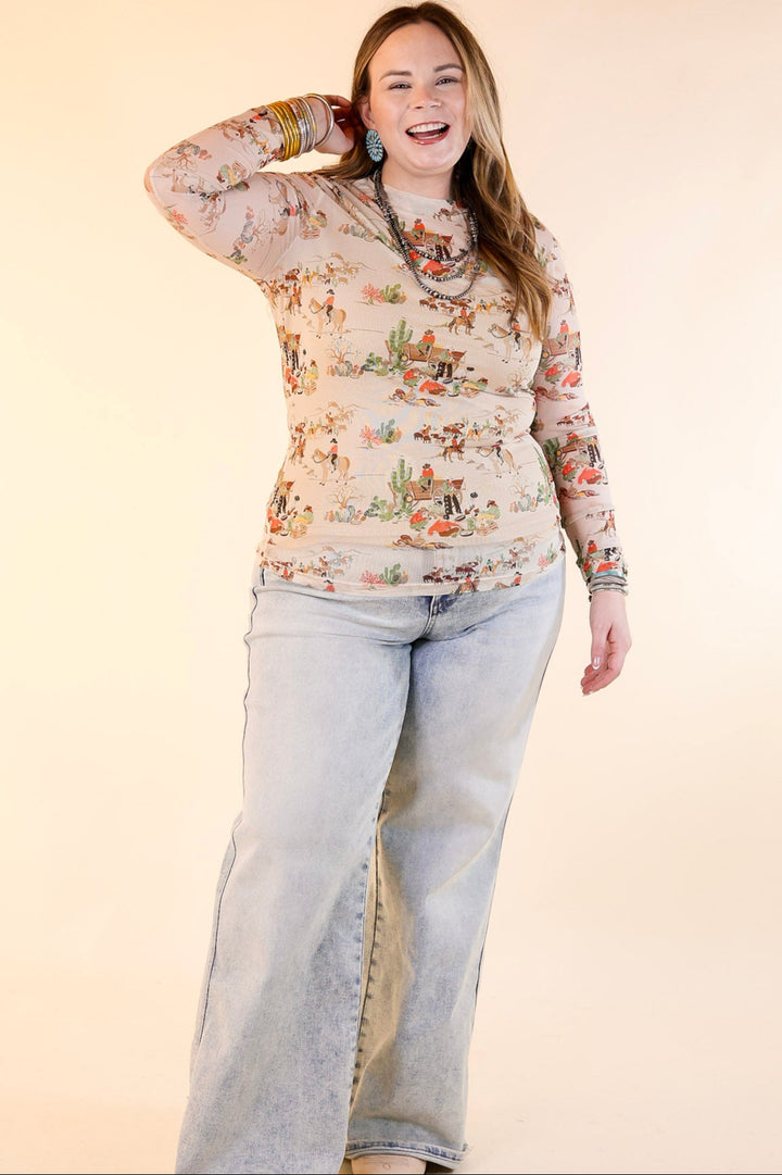 Western Dream Mesh Long Sleeve Top with Retro Western Print in Tan