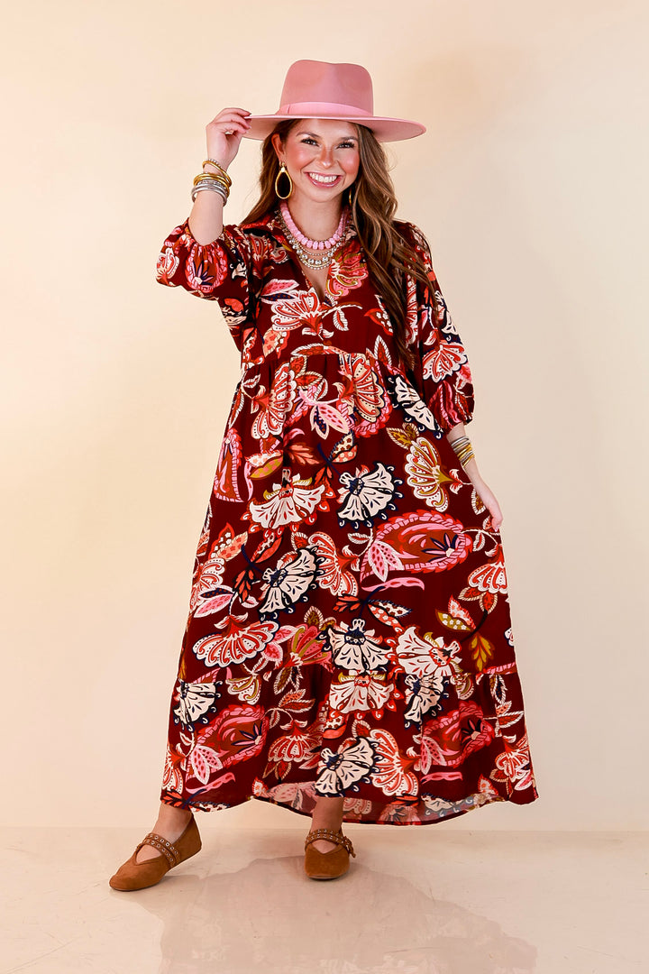 Season of Style Floral Print V Neck 3/4 Sleeve Collared Tiered Midi Dress in Maroon Multi