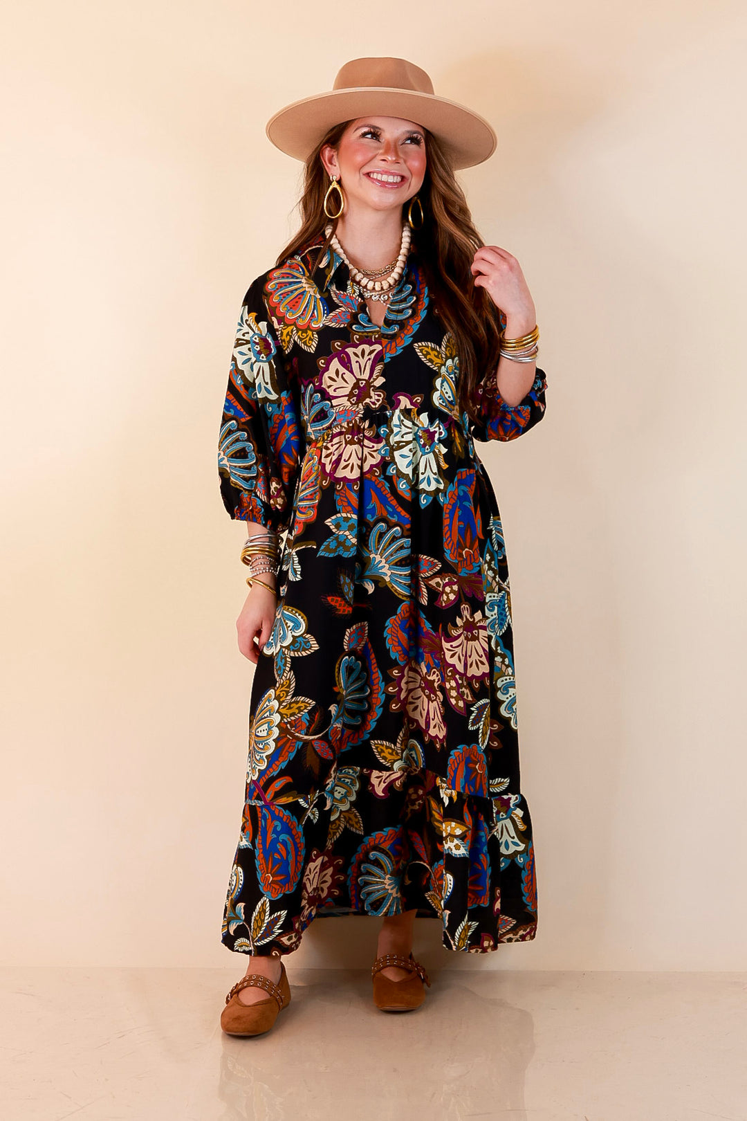 Season of Style Floral Print V Neck 3/4 Sleeve Collared Tiered Midi Dress in Black Multi