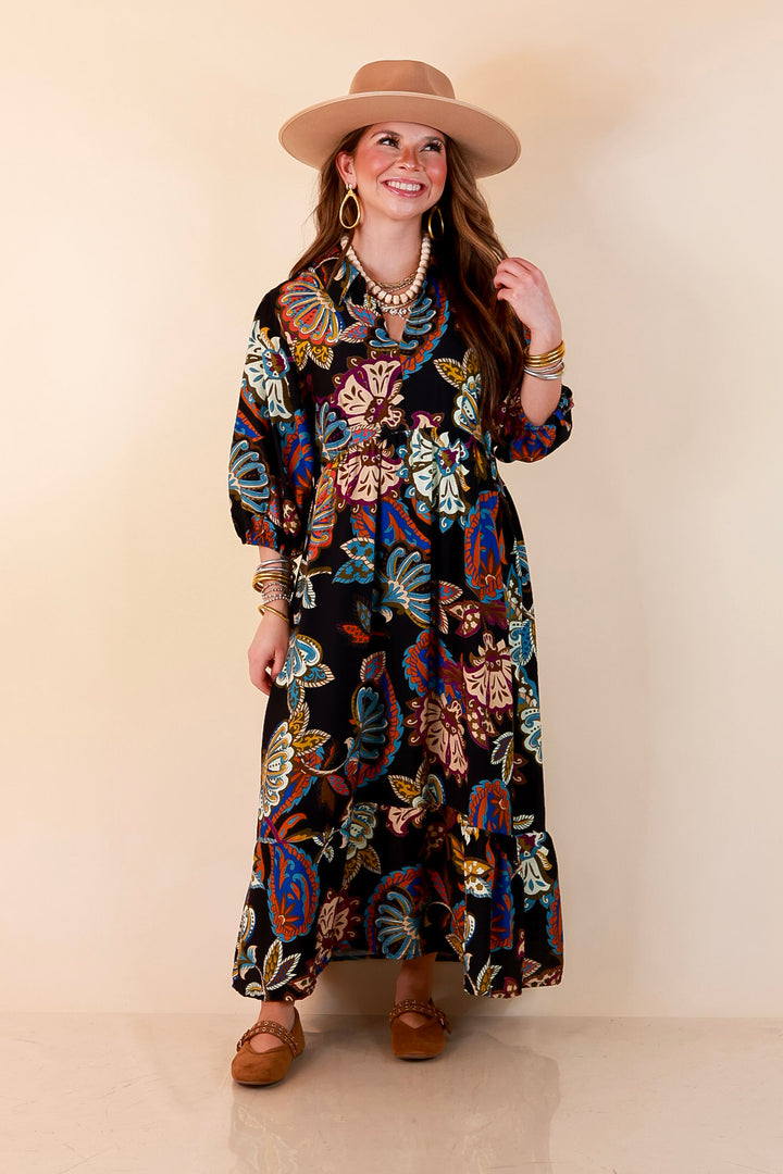 Season of Style Floral Print V Neck 3/4 Sleeve Collared Tiered Midi Dress in Black Multi
