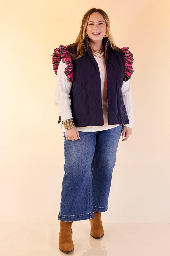 Mud Pie | Jefferies Quilted Plaid Reversible Vest with Ruffle Cap Sleeves and Bow Side Closure in Pink