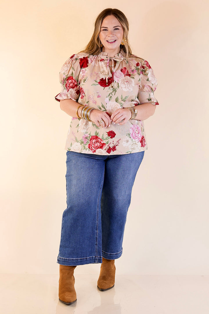 Freshly Picked Floral Print Top with Short Puff Sleeves in Beige